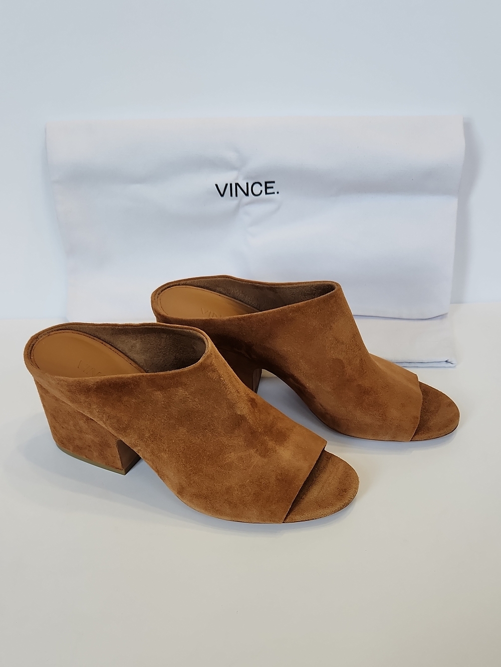 Vince Suede Slide Mules in Cognac Brown With Original Dust Bag